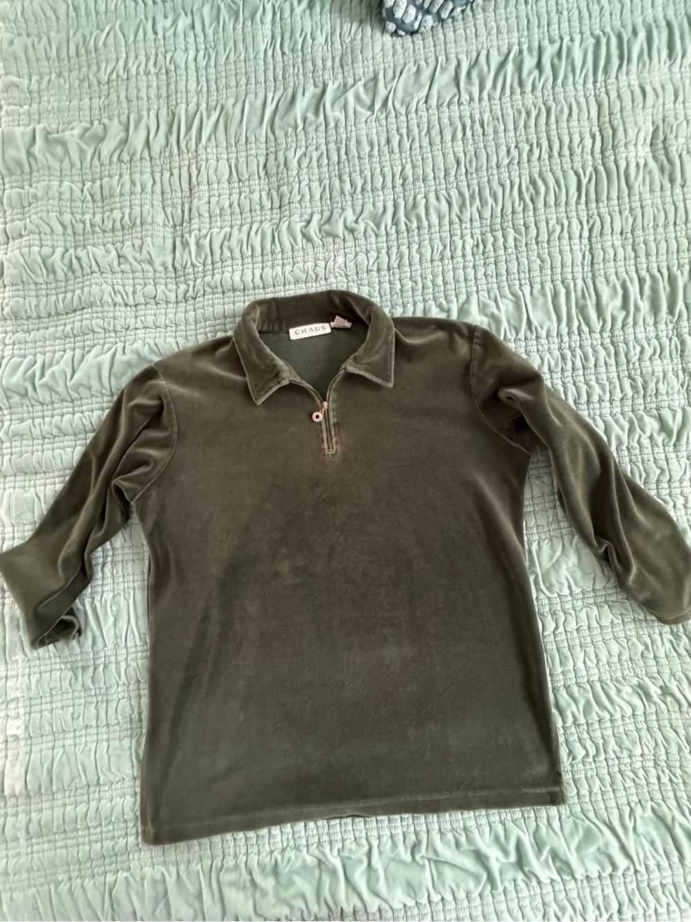 Chaus Olive Green Velvet Half-Zip Polo Sweatshirt-Med